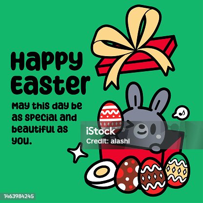 istock A cute Easter Bunny opening a gift box and showing Easter Eggs 1463984245