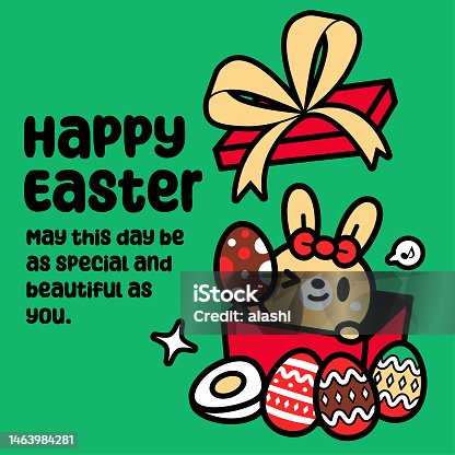 istock A cute Easter Bunny opening a gift box and showing Easter Eggs 1463984281