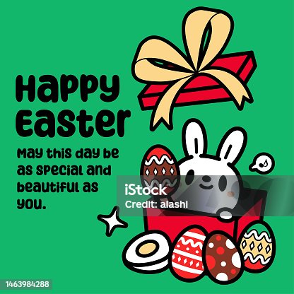istock A cute Easter Bunny opening a gift box and showing Easter Eggs 1463984288
