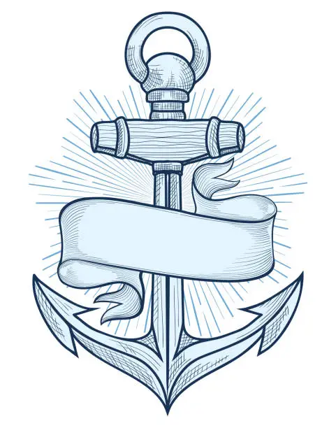 Vector illustration of Hand-drawn monochrome decorative anchor and ribbon nautical emblem