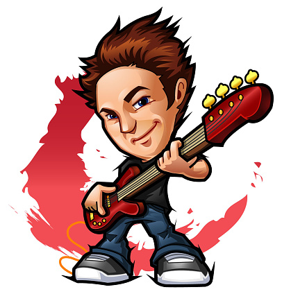 A character illustration of a bass guitar player.