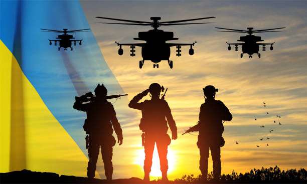 istock Silhouettes of a soldiers and a military helicopters 1463993628