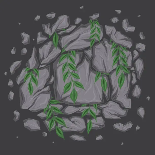 Vector illustration of Vector illustration of broken stones with plant stems. Cartoon clipart smashed rocks with cracks and foliages. Gravel and leaves.