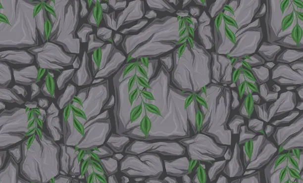 Vector illustration of Vector seamless pattern with broken stones and stems with leaves. Earthquake and apocalypse danger. Texture with cartoon smashed rocks