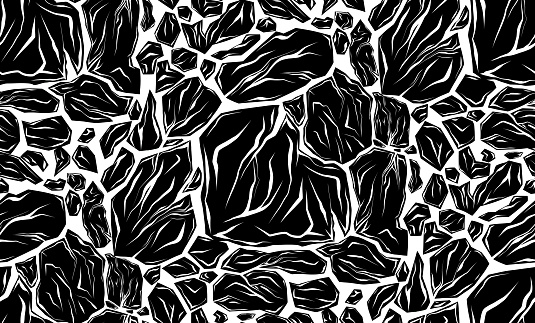 Vector monochrome seamless pattern with broken stones. Earthquake and destruction. Texture with black smashed rocks with cracks on white background for wallpaper and fabric. Natural disaster.