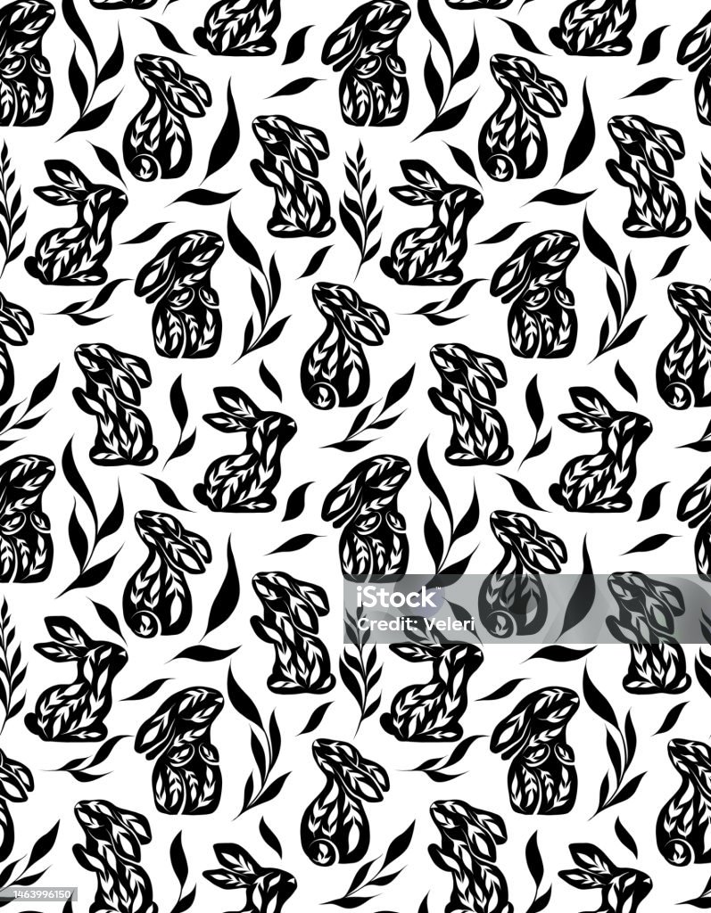 Natural Rabbit Patterns Vector Seamless Pattern With Monochrome Decorated Rabbits And Leaves ...