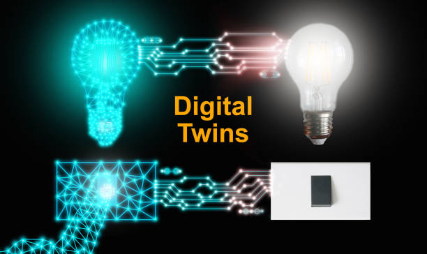 istock Digital twins concept. A digital light bulb and its counterpart are controlled or switched on by one single push on either side of the physical or digital world. Business  technology simulation model 1463996875