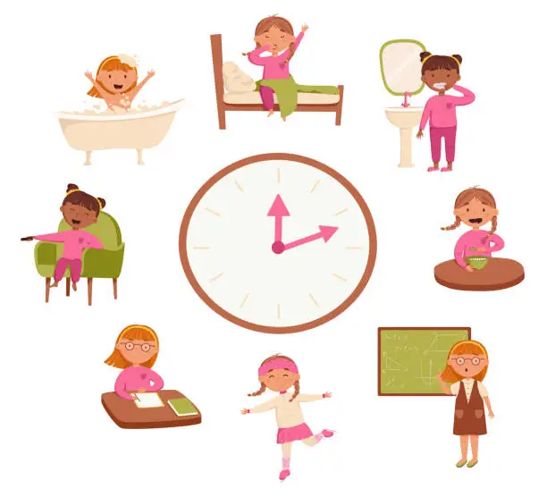 Vector illustration of Children's daily routine vector illustration. Cute cheerful girls wakes up and brushing teeth, studying at school, homework, evening bath