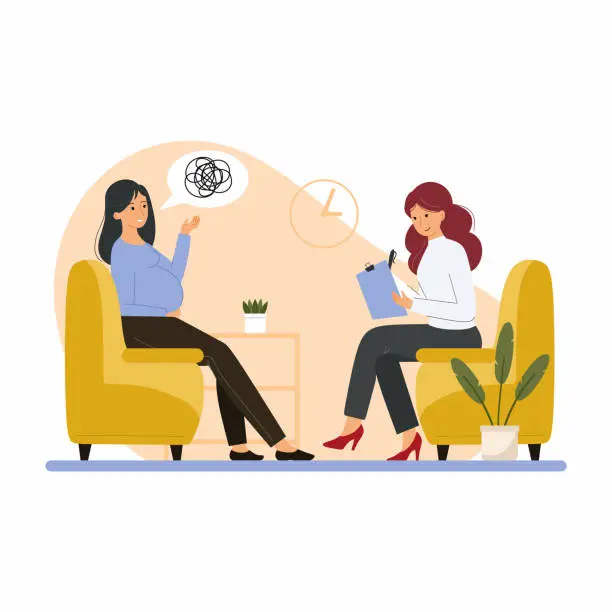 Vector illustration of Pregnant woman in session with psychologist. Psychological support. Mental health. Family therapy.