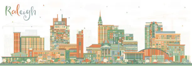 Vector illustration of Raleigh North Carolina City Skyline with Color Buildings. Vector Illustration. Raleigh Cityscape with Landmarks.