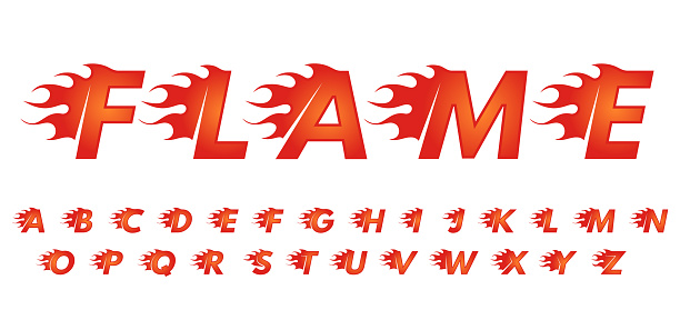 Flame font. Alphabet for fast speed cars race lettering, hot heat branding title and fire letters vector set. Burning capital characters, latin abs typeface, red isolated typescript