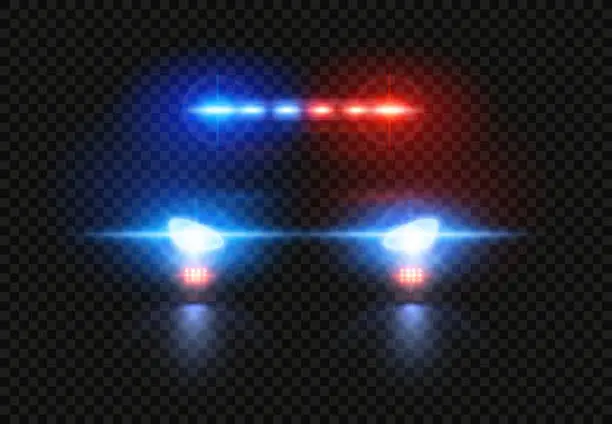 Vector illustration of Police car headlights. Emergency flashing light, pursuit light siren and patrol cop vehicle glow vector overlay