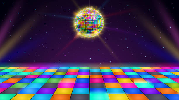 Disco dance floor. Retro party scene with LED squares grid glowing floor, disco ball and starry night sky vector background illustration Disco dance floor. Retro party scene with LED squares grid glowing floor, disco ball and starry night sky vector background illustration. Neon colorful tiles, rainbow shining ball for dj event disco dancing stock illustrations