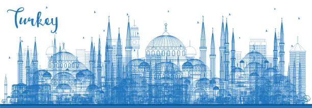 Vector illustration of Outline Turkey City Skyline with Blue Buildings. Vector Illustration. Tourism Concept with Historic Architecture.