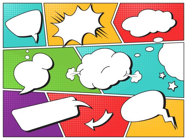 Comic magazine dialogue layout. Comic book grid with popping speech balloons frames, pop art vector template Comic magazine dialogue layout. Comic book grid with popping speech balloons frames, pop art vector template. Funny communication boxes, dialog frames on colorful background, cartoon style comic book page layout stock illustrations