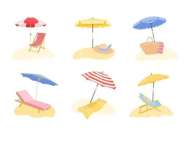 Vector illustration of Beach sunshade. Deck chair and sun protection umbrella for summer resort vacation on beach vector illustration set