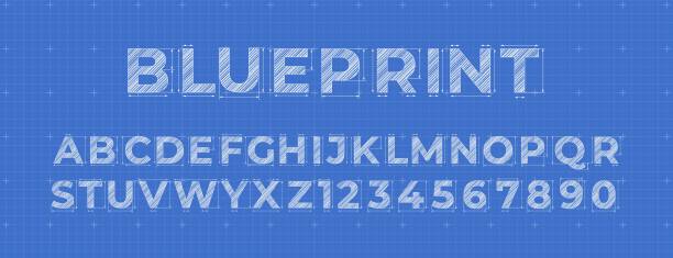 Blueprint lettering. Construction engineer font, architectural alphabet letters and numbers on blue measurement grid background. Vector symbols set Blueprint lettering. Construction engineer font, architectural alphabet letters and numbers on blue measurement grid background. Vector symbols set. Font for building or architectural project Blueprint stock illustrations