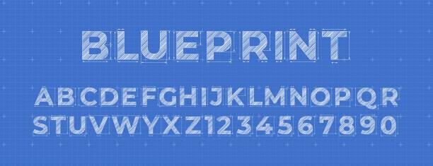 Blueprint lettering. Construction engineer font, architectural alphabet letters and numbers on blue measurement grid background. Vector symbols set Blueprint lettering. Construction engineer font, architectural alphabet letters and numbers on blue measurement grid background. Vector symbols set. Font for building or architectural project writing tools stock illustrations