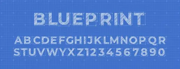 Vector illustration of Blueprint lettering. Construction engineer font, architectural alphabet letters and numbers on blue measurement grid background. Vector symbols set