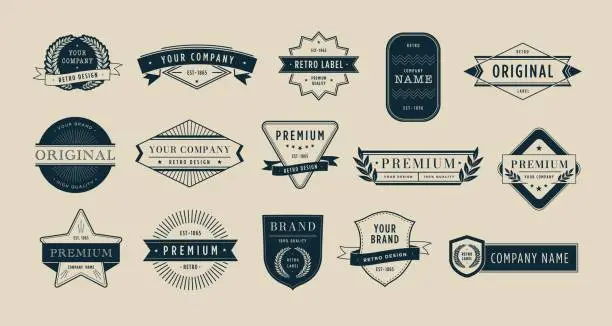 Vector illustration of Premium badges. Retro brand name label, emblem design template and seal stamp banner frame vector set