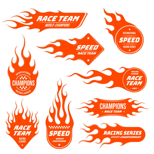 ilustraciones, imágenes clip art, dibujos animados e iconos de stock de emblema de llama. parche del equipo de carreras de coches de velocidad, etiqueta de campeones deportivos y conjunto vectorial de insignia de fuego caliente - bólido
