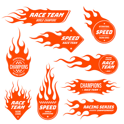 Flame emblem. Speed car race team patch, sport champions label sticker and hot fire badge vector set. International racing league, world tournament, flammable shape design isolated elements