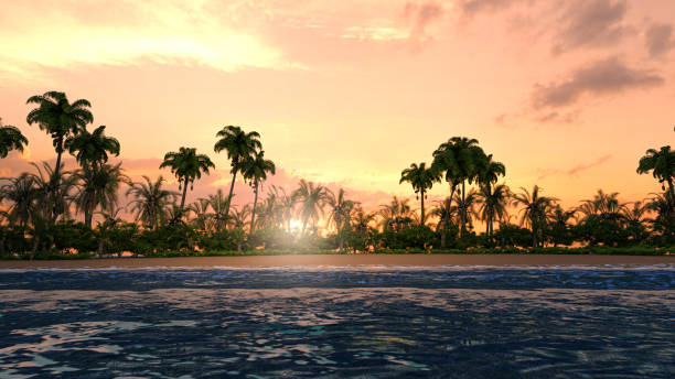 istock 3D illustration Render. beautiful view of beach on sunset island 1463998888