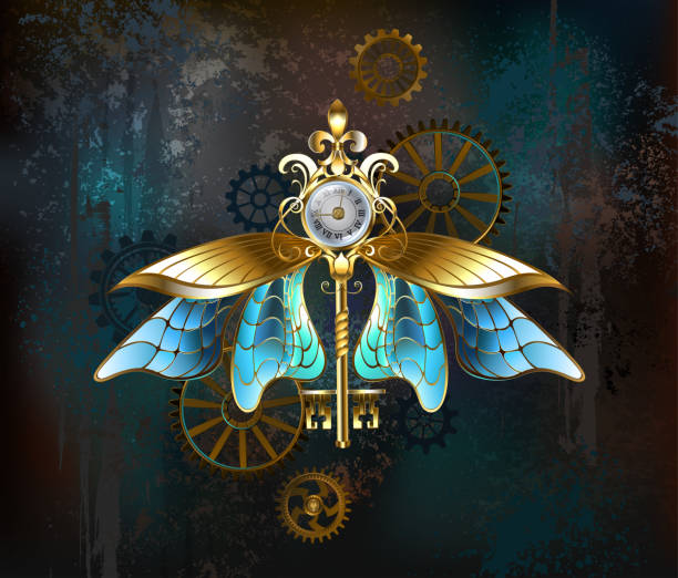 Steampunk key with blue wings Antique, jewelry, gold key with white watch, decorated with transparent, blue insect wings on worn, brown, steampunk background. Steampunk style. ground beetle stock illustrations