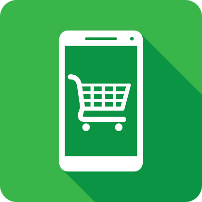 Vector illustration of a smartphone with shopping cart icon against a green background in flat style.