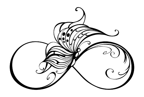 Black infinity symbol with a seated, artistically drawn moth on white background. Tattoo style. Contour butterfly.