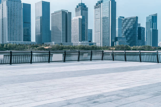 istock empty brick floor with cityscape and skyline 1464000005