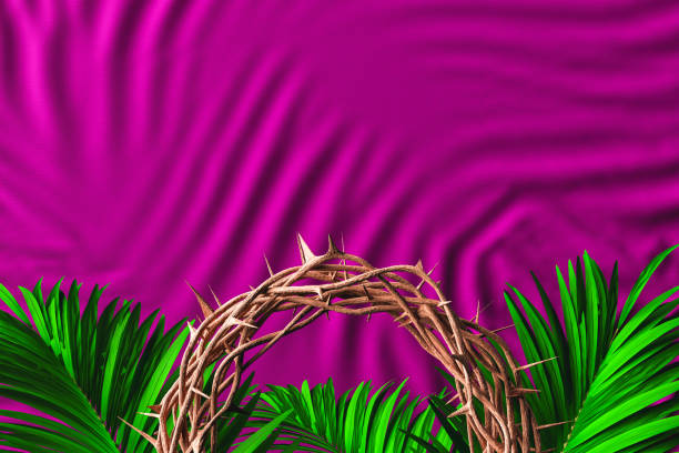 3D rendered illustration of fresh green leaves of exotic plant and crown of thorns placed against crumbled violet background