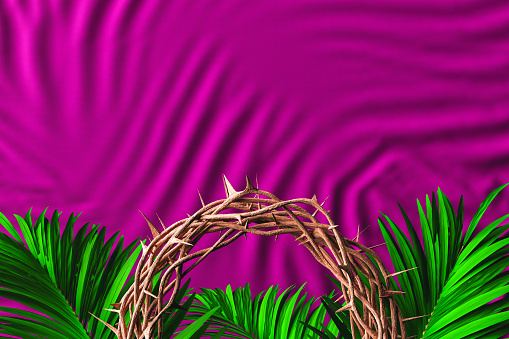 Palm leaves and crown of thorns on violet backdrop