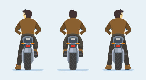 illustrazioni stock, clip art, cartoni animati e icone di tendenza di vista posteriore di un giovane personaggio maschile senza casco in sella alla motocicletta. fermarsi, stare in piedi e cavalcare. - motorcycle motorcycle racing rear view riding