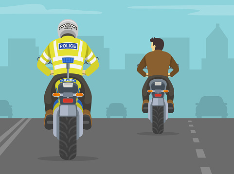 Traffic police officer chasing motorcyclist on the city road. Back view of a traffic police officer on motorcycle. Flat vector illustration template.