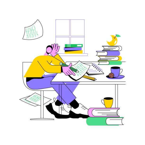 Study too much isolated cartoon vector illustrations. Study too much isolated cartoon vector illustrations. Nerd boy studying hard with diversity of books around, educational process, preparing for college classes, chaos in the room vector cartoon. no more homework stock illustrations