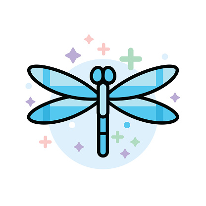 Vector illustration of a blue dragonfly against a white background in line art style.