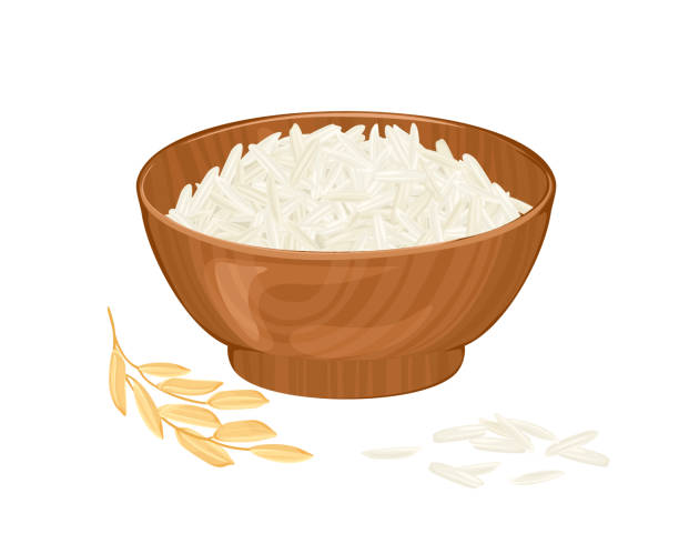 stockillustraties, clipart, cartoons en iconen met heap of long basmati rice in wooden bowl isolated on white background. vector cartoon illustration. healthy organic food. - rijst stapelvoedsel