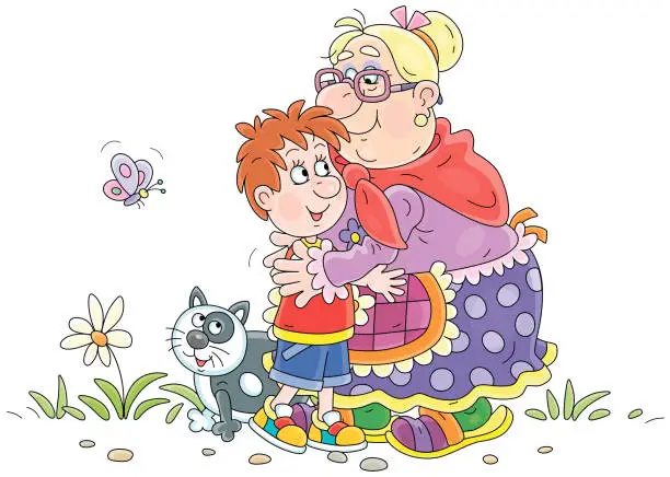 Vector illustration of Granny hugging her little grandson