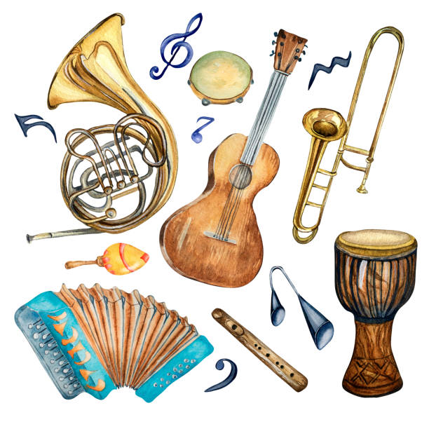 Set of musical instruments and symbol watercolor illustration isolated. Set of musical instruments and symbol watercolor illustration isolated. Accordion, djembe, horn, guitar, flute, tuba hand drawn. Design element for flyer, concert events, brochure, poster, print contra bassoon stock illustrations