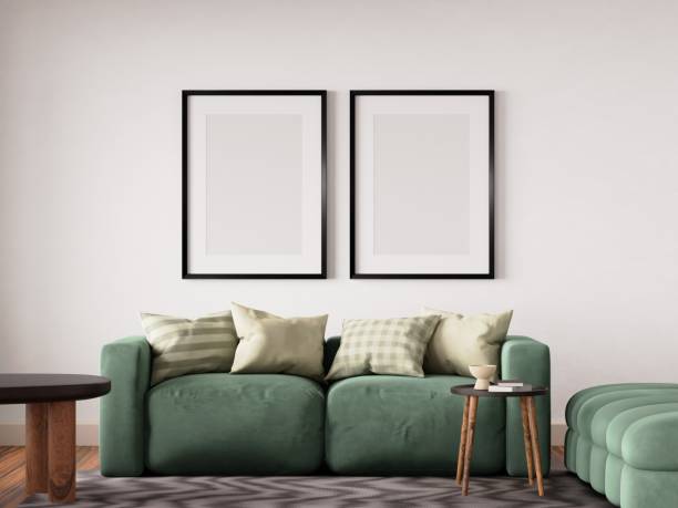 istock Vertical wood frame mockup in living room interior with window light shadow. 3d rendering, 3d illustration 1464014584