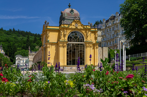 Marianske Lazne, Czech Republic - June 26, 2021: Main spa colonnade (Maxim Gorky Colonnade) - Summer time in the great Czech spa town - Region Karlovy Vary