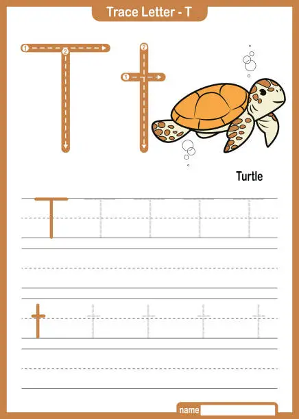 Vector illustration of Alphabet Trace Letter A to Z preschool worksheet with the Letter T Turtle Pro Vector