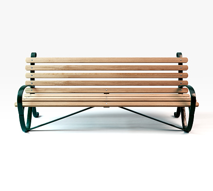 An empty slatted wood and iron public park bench on an isolated white studio background - 3D render