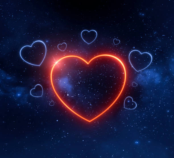 istock Red hearts neon shape on abstract light in the Planet view from space. 3d render 1464016026