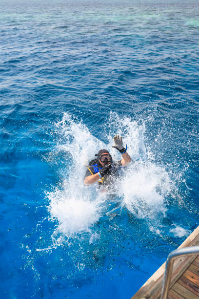 istock Middle aged Athletes  handsome men scuba divers ready for scuba diving,  jumping in   Beautiful tropical blue sea, coral reef  in the background. Water sports. 1464016256