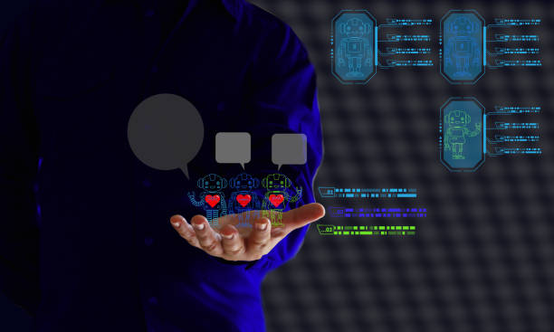 istock human hand with icon robot speech box copy space. bot element futuristic digital icon on abstract background 1464016365