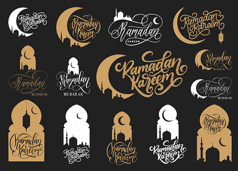 istock Ramadan Mubarak hand lettering set, vector illustrations of mosque, arch and crescent, used for greeting card, invitation, poster 1464018073
