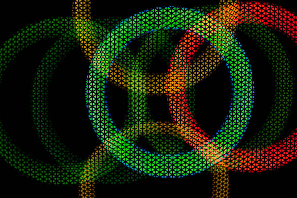Texture green and red circles in grid on dark background. Glow in dark. Abstract disco background. Colored light. Circles intersect.