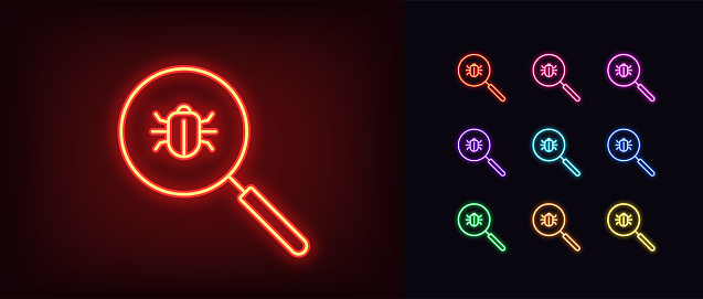 Outline neon magnifier icon. Glowing neon magnifying glass frame with bug sign, vulnerability search. Program code debug, error scan, virus detect, cyber attack, find security threat. Vector icon set